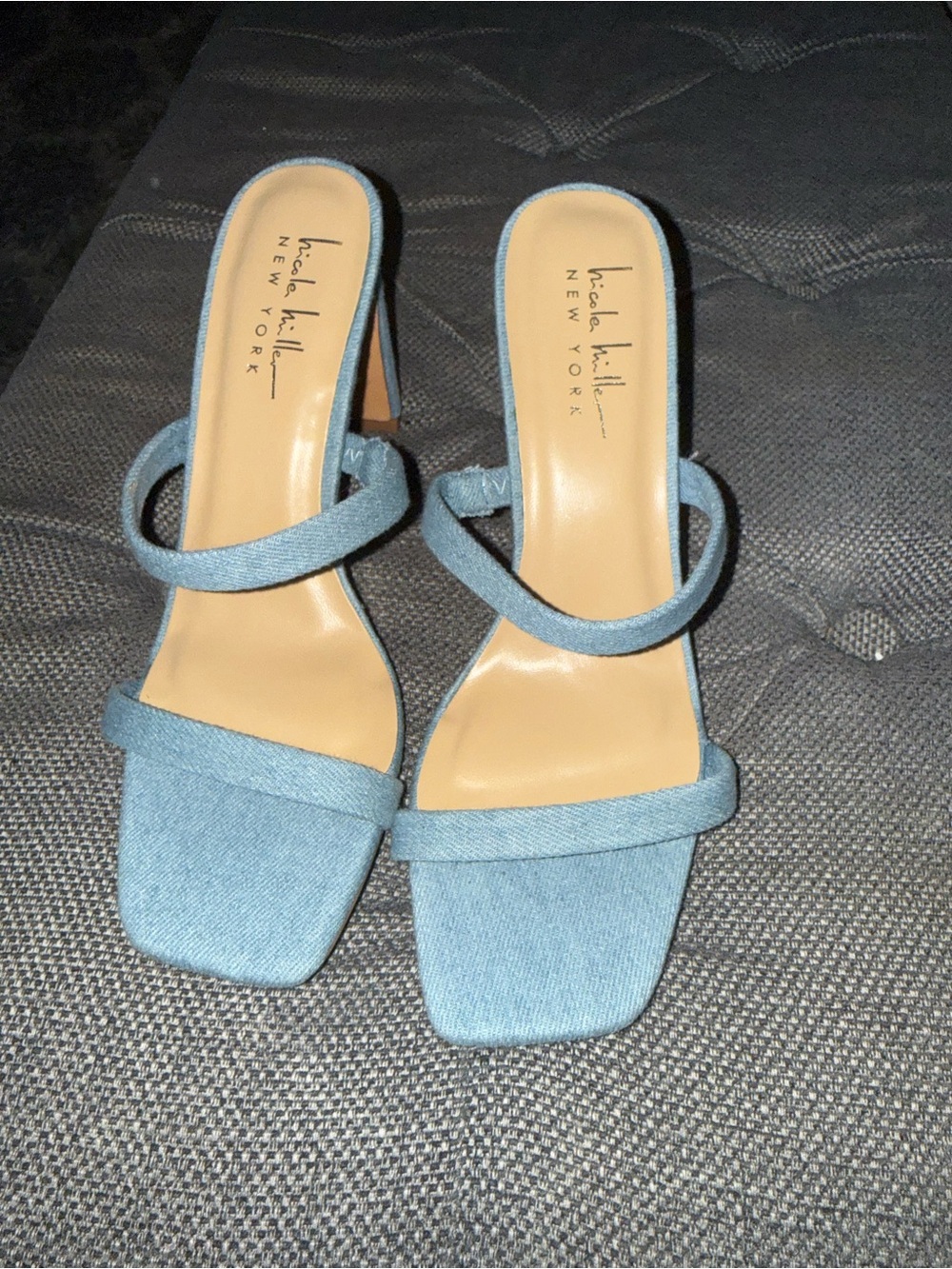 Brand New Nicole Miller Light Blue Denim Double-Strap Mid Heels